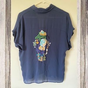 Zara Sheer Navy Blouse with Back Embroidery